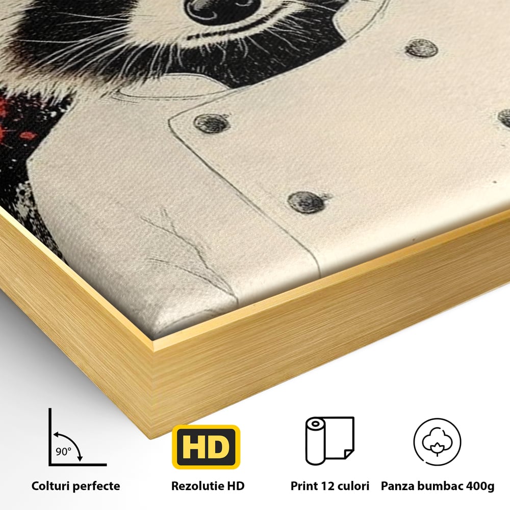 Detaliu al suprafetei: tablou canvas cu raton bucatar, in rama de aluminiu auriu